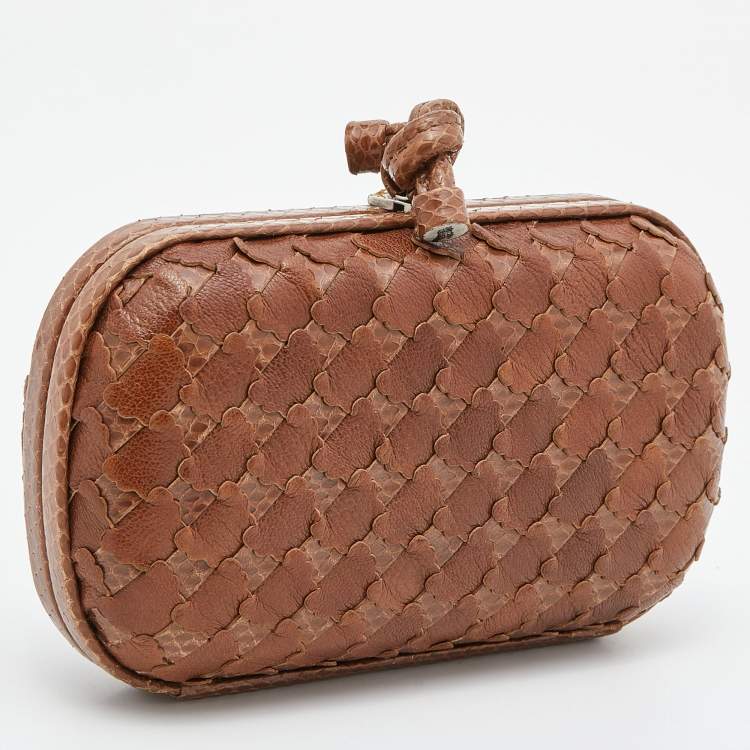 Pre Owned Bottega Veneta Brown Intrecciato Watersnake and Leather Knot Clutch