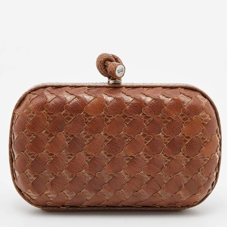 Pre Owned Bottega Veneta Brown Intrecciato Watersnake and Leather Knot Clutch