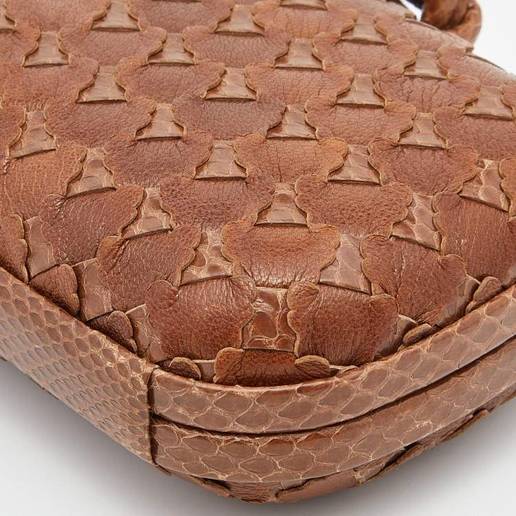 Pre Owned Bottega Veneta Brown Intrecciato Watersnake and Leather Knot Clutch