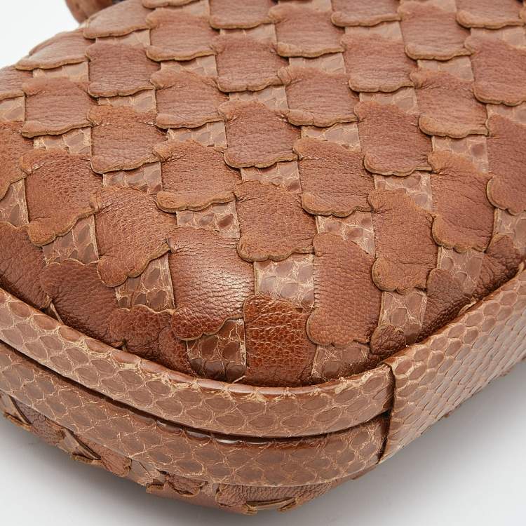 Pre Owned Bottega Veneta Brown Intrecciato Watersnake and Leather Knot Clutch