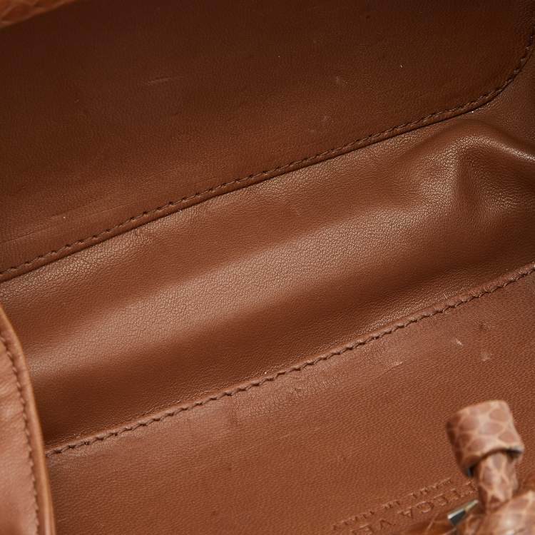 Pre Owned Bottega Veneta Brown Intrecciato Watersnake and Leather Knot Clutch