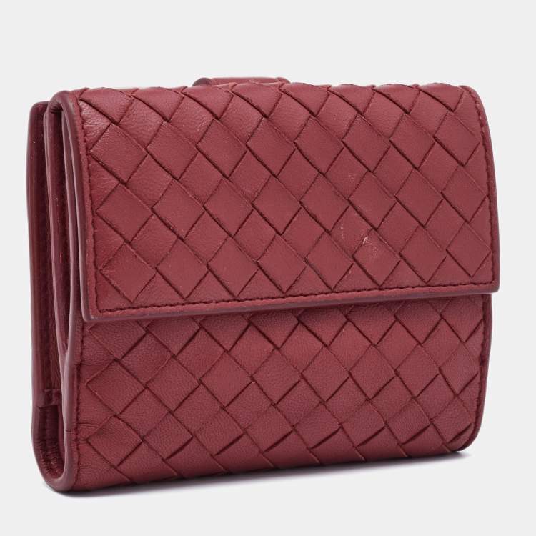 Pre Owned Bottega Veneta Reddish Brown Intrecciato Leather French Compact Wallet