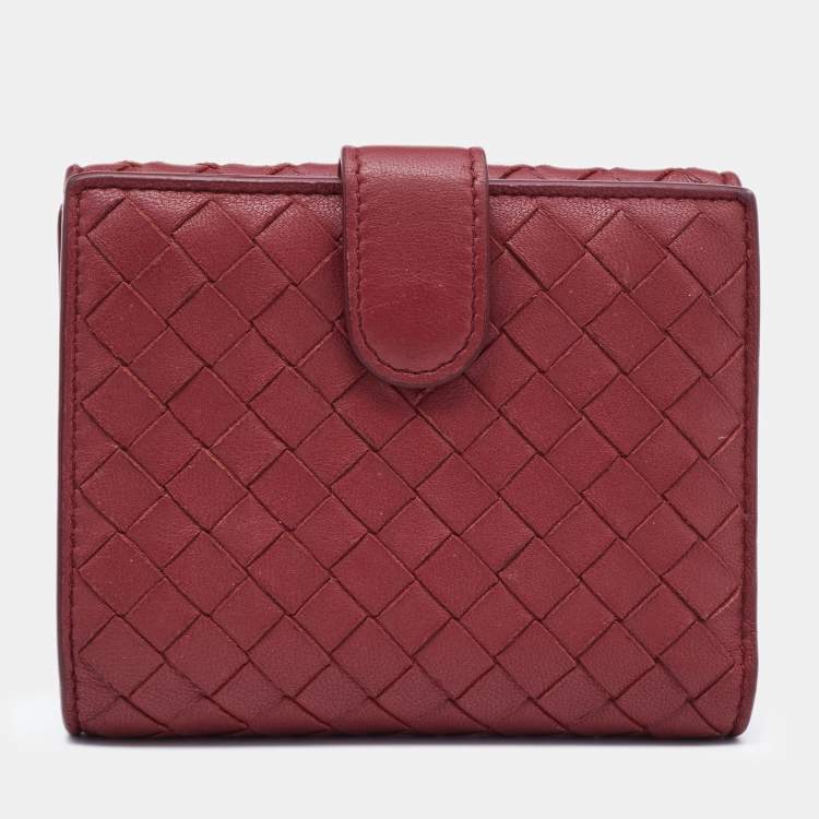 Pre Owned Bottega Veneta Reddish Brown Intrecciato Leather French Compact Wallet