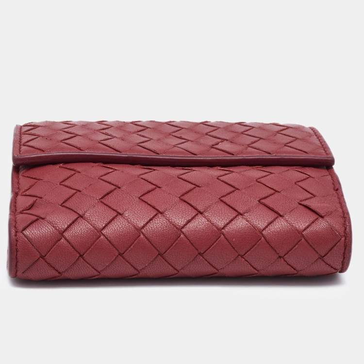 Pre Owned Bottega Veneta Reddish Brown Intrecciato Leather French Compact Wallet