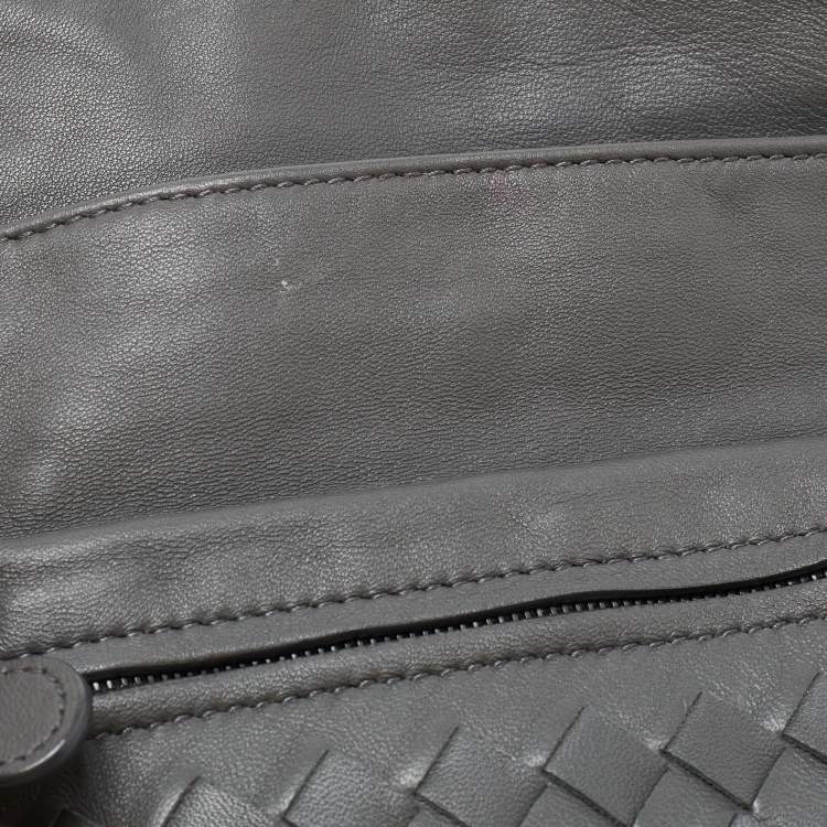 Pre Owned Bottega Veneta Grey Intrecciato Leather Flap Chain Crossbody Bag