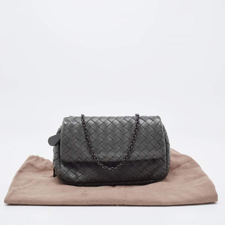 Pre Owned Bottega Veneta Grey Intrecciato Leather Flap Chain Crossbody Bag