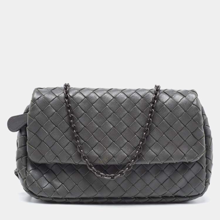 Pre Owned Bottega Veneta Grey Intrecciato Leather Flap Chain Crossbody Bag