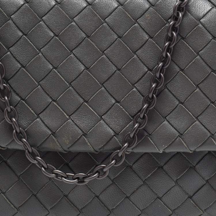 Pre Owned Bottega Veneta Grey Intrecciato Leather Flap Chain Crossbody Bag