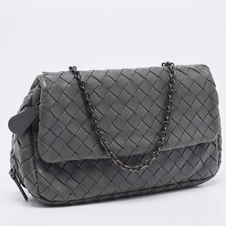 Pre Owned Bottega Veneta Grey Intrecciato Leather Flap Chain Crossbody Bag