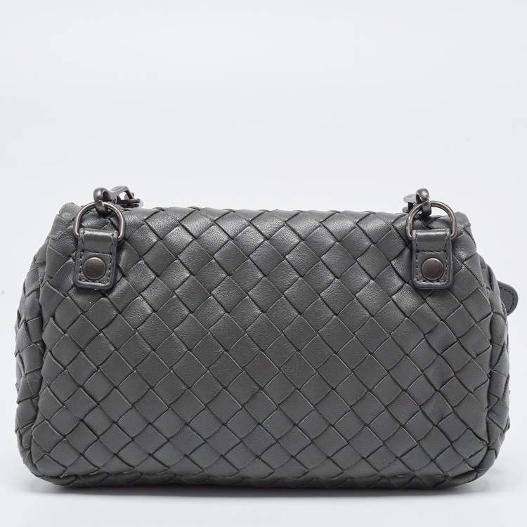 Pre Owned Bottega Veneta Grey Intrecciato Leather Flap Chain Crossbody Bag