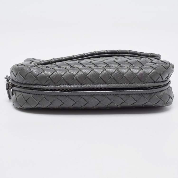 Pre Owned Bottega Veneta Grey Intrecciato Leather Flap Chain Crossbody Bag