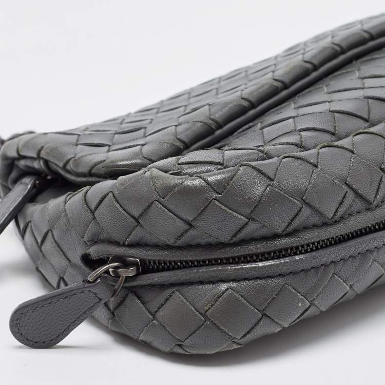 Pre Owned Bottega Veneta Grey Intrecciato Leather Flap Chain Crossbody Bag