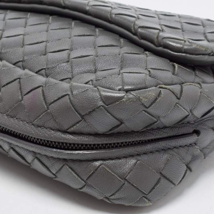 Pre Owned Bottega Veneta Grey Intrecciato Leather Flap Chain Crossbody Bag