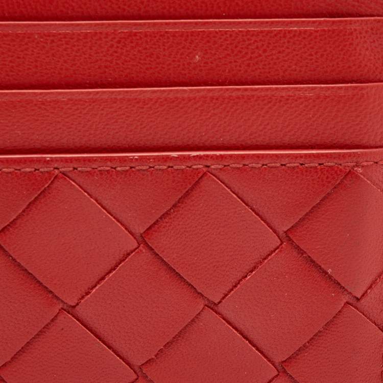 Pre Owned Bottega Veneta Red Intrecciato Leather Card Holder