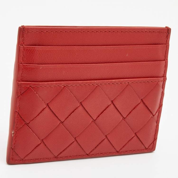 Pre Owned Bottega Veneta Red Intrecciato Leather Card Holder