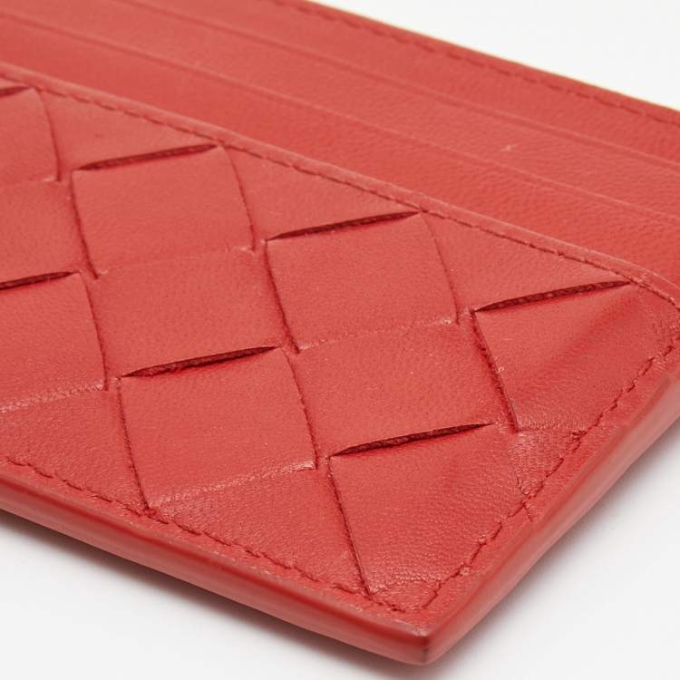 Pre Owned Bottega Veneta Red Intrecciato Leather Card Holder