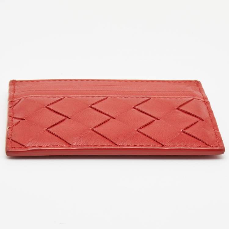 Pre Owned Bottega Veneta Red Intrecciato Leather Card Holder