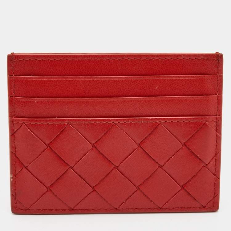 Pre Owned Bottega Veneta Red Intrecciato Leather Card Holder