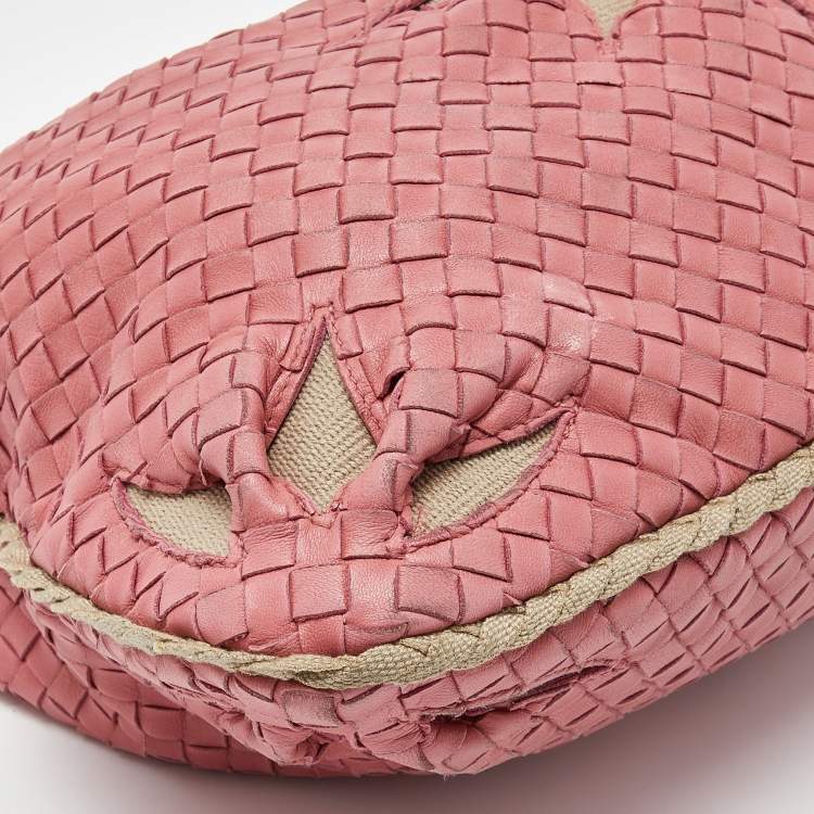Pre Owned Bottega Veneta Pink Intrecciato Leather and Canvas Floral Cutout Hobo