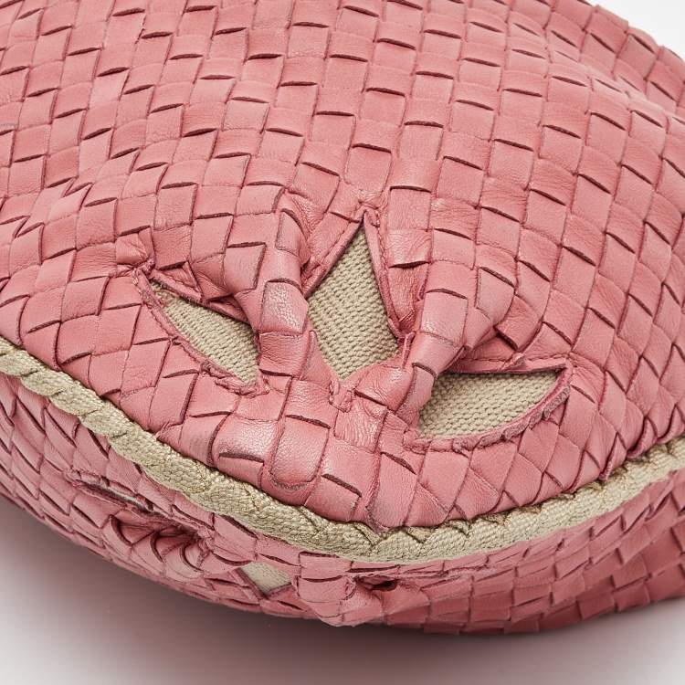 Pre Owned Bottega Veneta Pink Intrecciato Leather and Canvas Floral Cutout Hobo