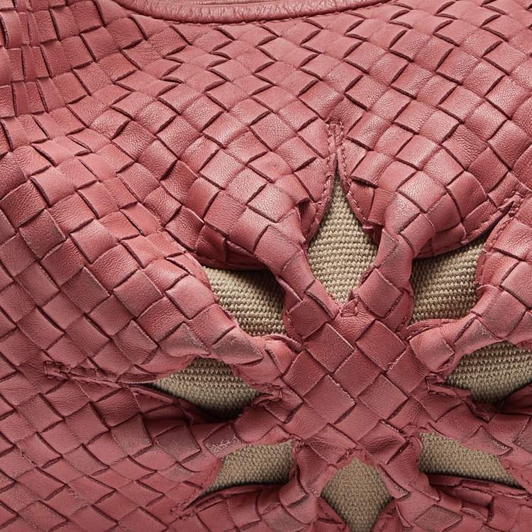 Pre Owned Bottega Veneta Pink Intrecciato Leather and Canvas Floral Cutout Hobo