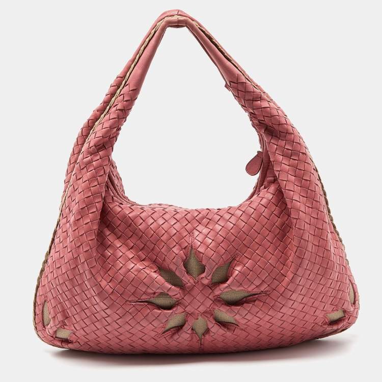 Pre Owned Bottega Veneta Pink Intrecciato Leather and Canvas Floral Cutout Hobo