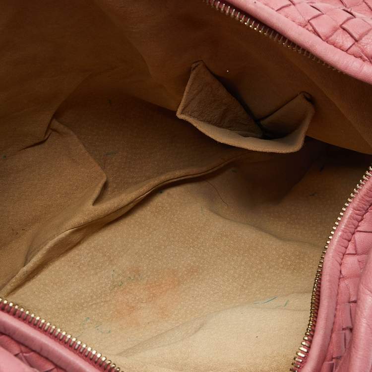 Pre Owned Bottega Veneta Pink Intrecciato Leather and Canvas Floral Cutout Hobo