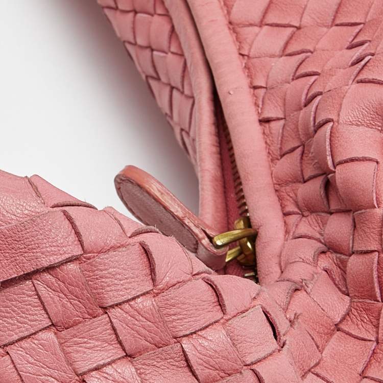 Pre Owned Bottega Veneta Pink Intrecciato Leather and Canvas Floral Cutout Hobo