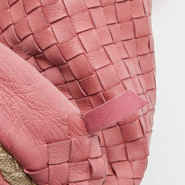 Pre Owned Bottega Veneta Pink Intrecciato Leather and Canvas Floral Cutout Hobo