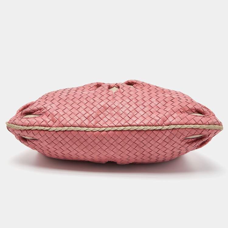 Pre Owned Bottega Veneta Pink Intrecciato Leather and Canvas Floral Cutout Hobo