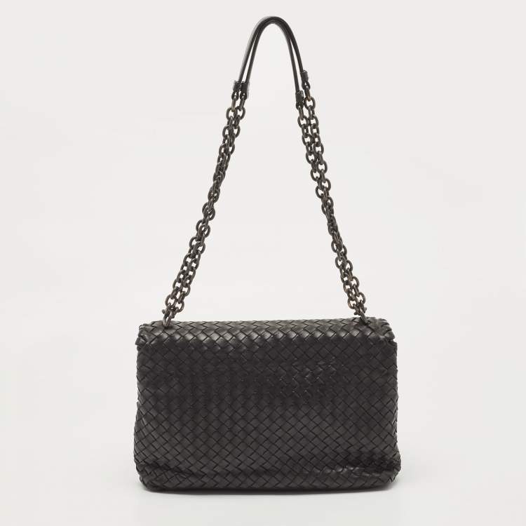 Pre Owned Bottega Veneta Black Intrecciato Leather Medium Olimpia Flap Shoulder Bag
