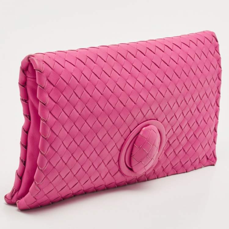 Pre Owned Bottega Veneta Pink Intrecciato Leather Twist Lock Flap Clutch