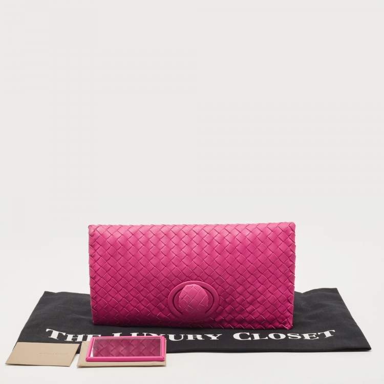 Pre Owned Bottega Veneta Pink Intrecciato Leather Twist Lock Flap Clutch