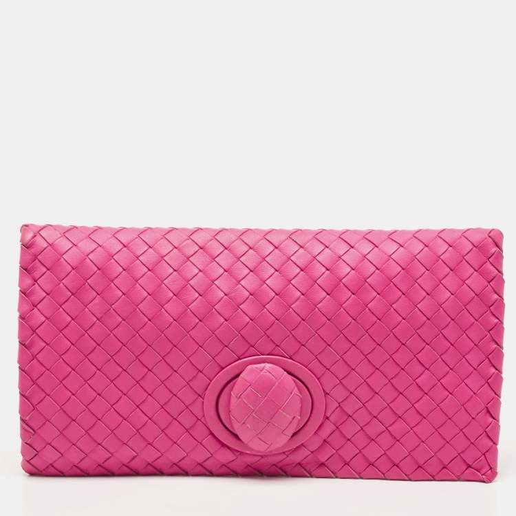 Pre Owned Bottega Veneta Pink Intrecciato Leather Twist Lock Flap Clutch