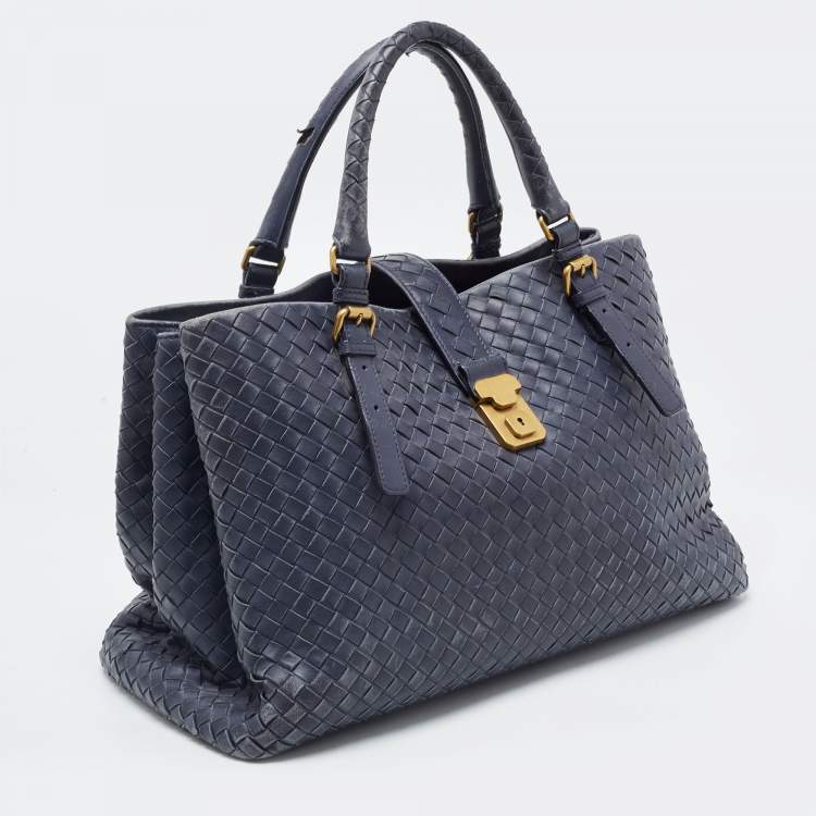 Pre Owned Bottega Veneta Navy Blue Intrecciato Leather Medium Roma Tote