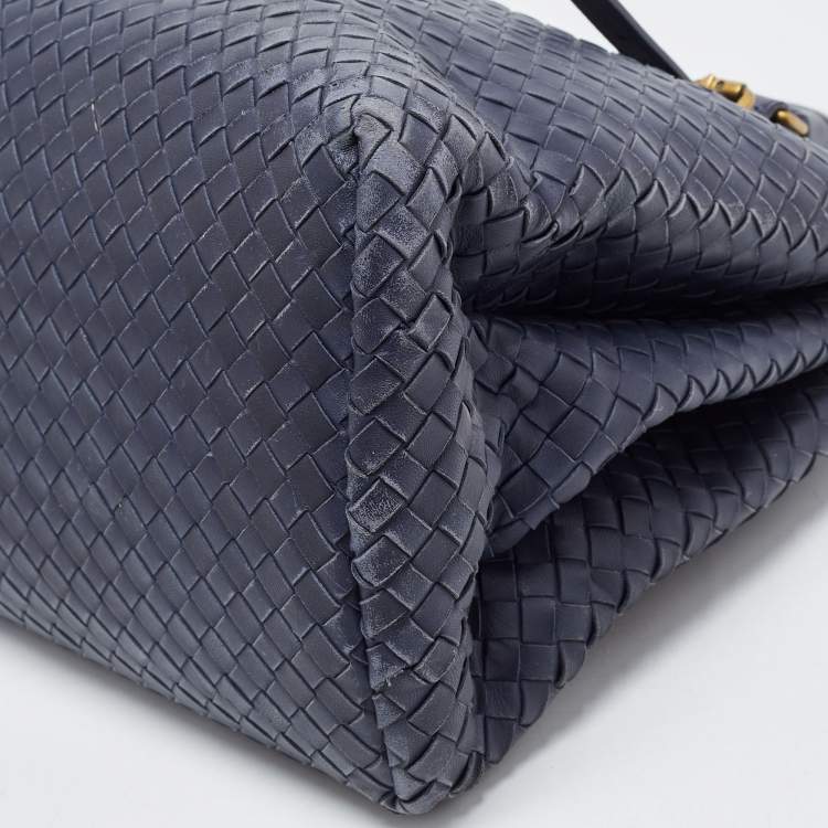Pre Owned Bottega Veneta Navy Blue Intrecciato Leather Medium Roma Tote