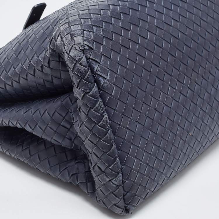 Pre Owned Bottega Veneta Navy Blue Intrecciato Leather Medium Roma Tote