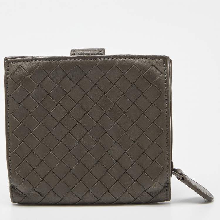 Pre Owned Bottega Veneta Grey Intrecciato Leather French Compact Wallet