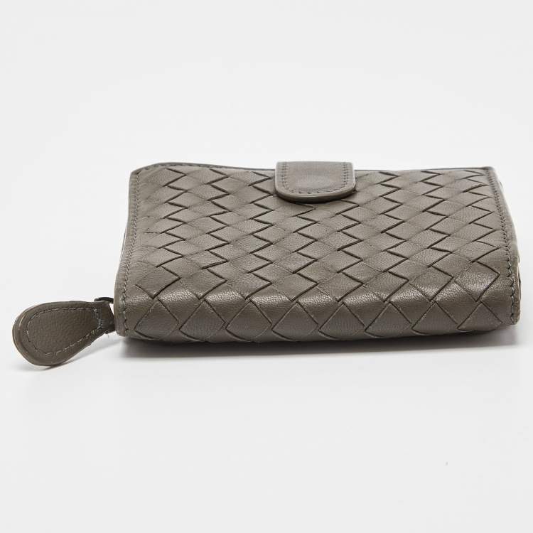Pre Owned Bottega Veneta Grey Intrecciato Leather French Compact Wallet