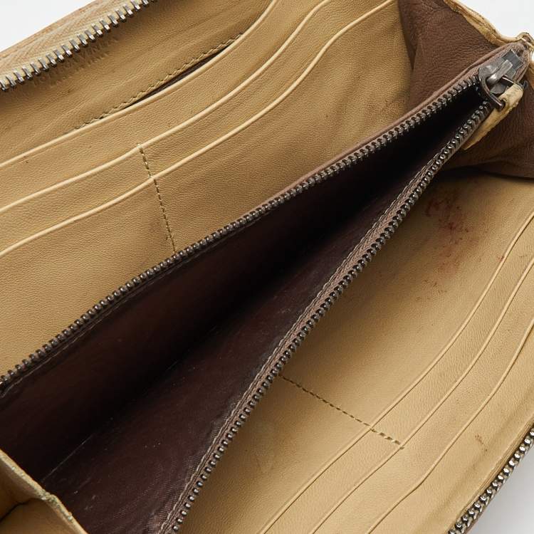 Pre Owned Bottega Veneta Cream Intrecciato Leather Zip Around Wallet