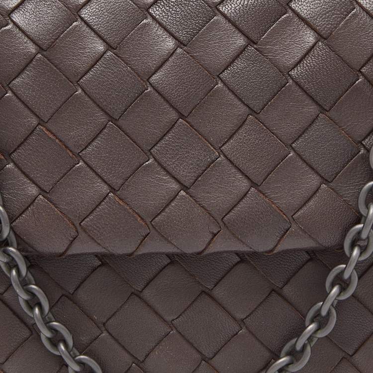Pre Owned Bottega Veneta Brown Intrecciato Leather Flap Chain Crossbody Bag