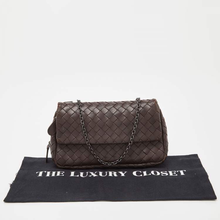 Pre Owned Bottega Veneta Brown Intrecciato Leather Flap Chain Crossbody Bag