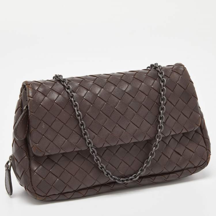 Pre Owned Bottega Veneta Brown Intrecciato Leather Flap Chain Crossbody Bag