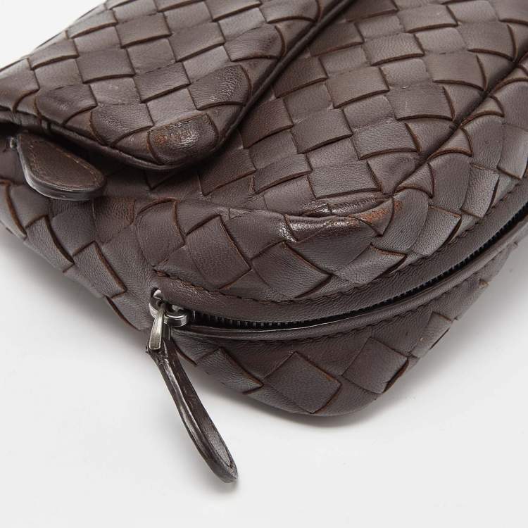 Pre Owned Bottega Veneta Brown Intrecciato Leather Flap Chain Crossbody Bag