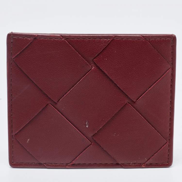 Pre Owned Bottega Veneta Burgundy Leather Card Holder