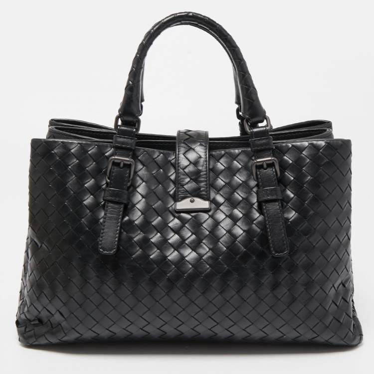 Pre Owned Bottega Veneta Black Intrecciato Leather Small Roma Tote