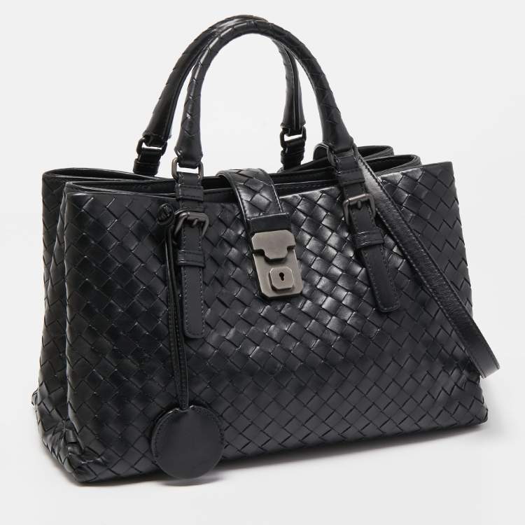 Pre Owned Bottega Veneta Black Intrecciato Leather Small Roma Tote