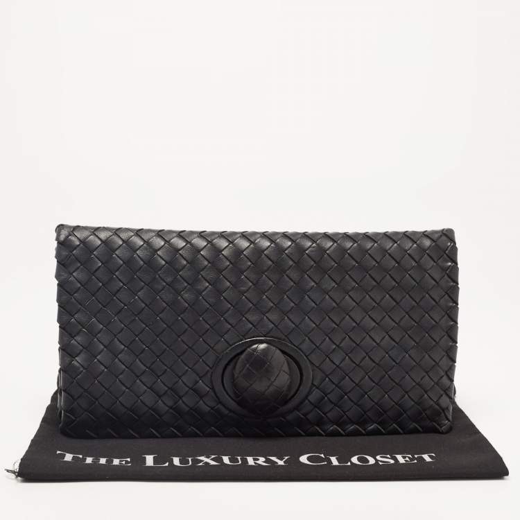 Pre Owned Bottega Veneta Black Intrecciato Leather Twist Lock Flap Clutch