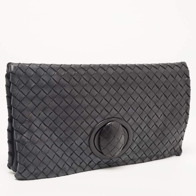 Pre Owned Bottega Veneta Black Intrecciato Leather Twist Lock Flap Clutch