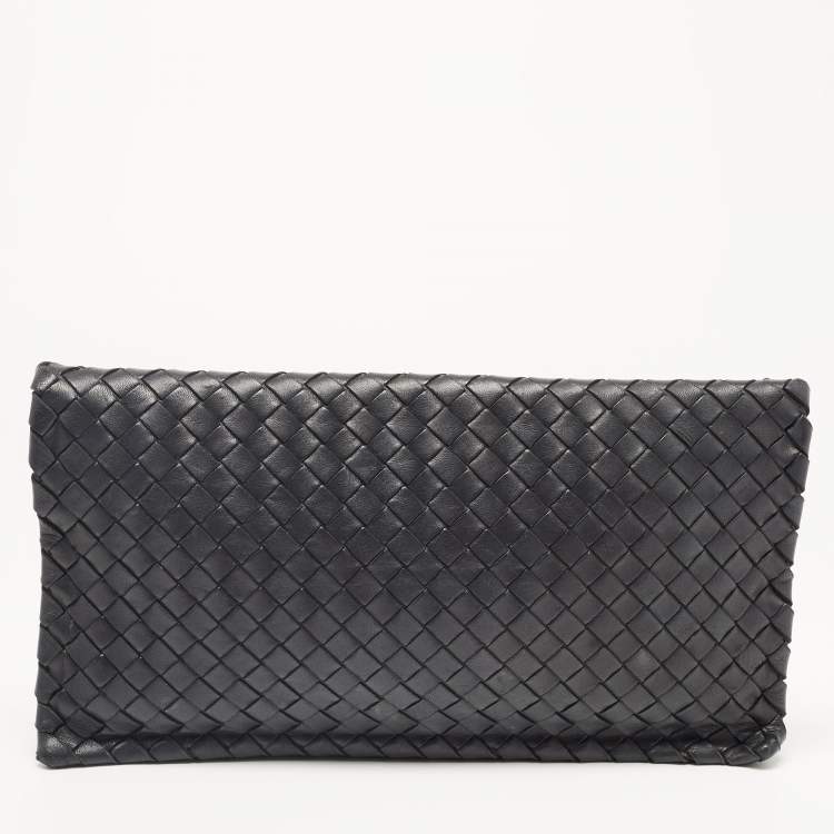 Pre Owned Bottega Veneta Black Intrecciato Leather Twist Lock Flap Clutch